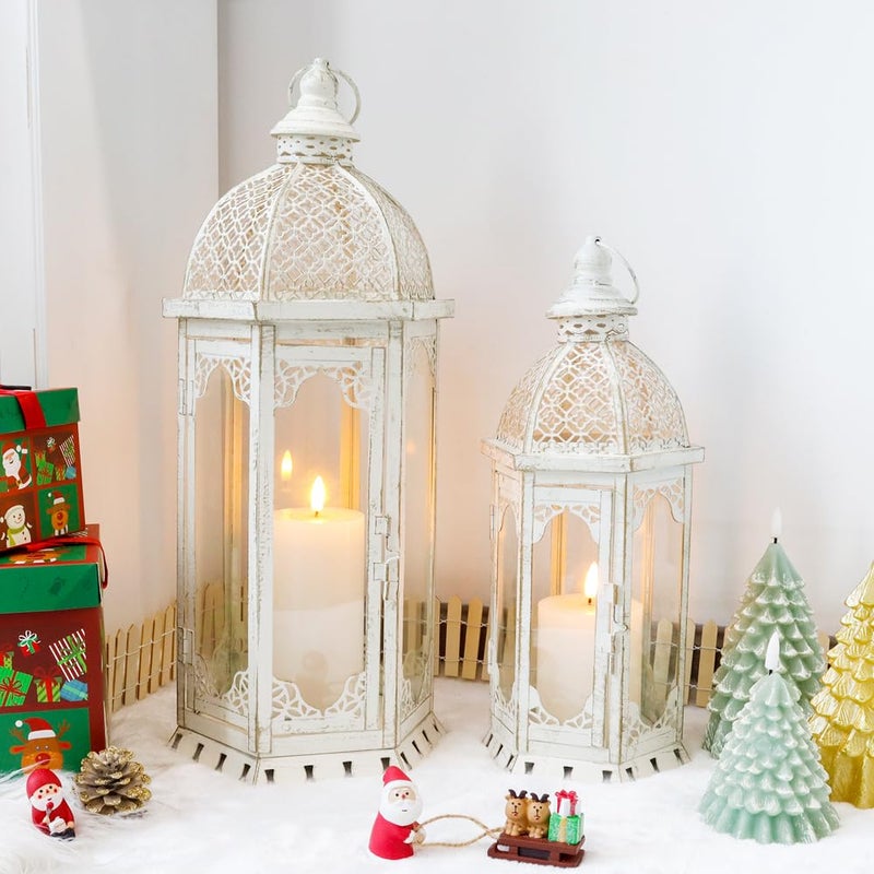 JHY DESIGN Set of 2 Decorative Candle Lanterns 22"&17" H Outdoor Vintage Metal Candle Holder for Garden Living Room Indoor Parties Weddings Patio Home Decor(White with Gold Brush) - Image 5