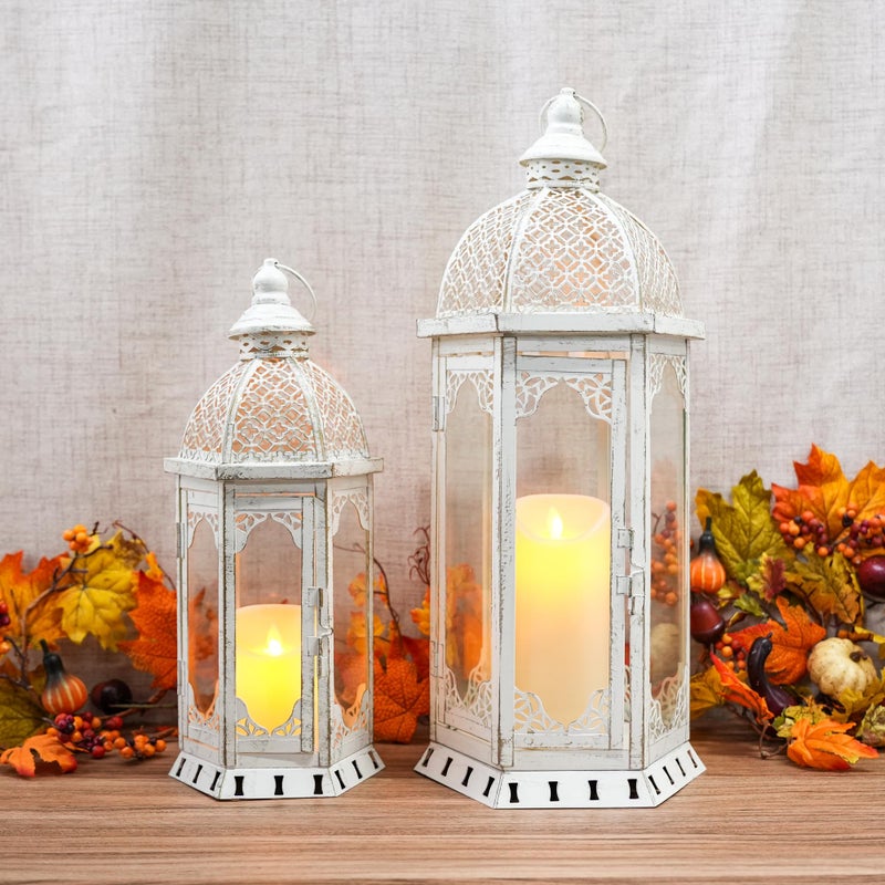 JHY DESIGN Set of 2 Decorative Candle Lanterns 22"&17" H Outdoor Vintage Metal Candle Holder for Garden Living Room Indoor Parties Weddings Patio Home Decor(White with Gold Brush) - Image 2