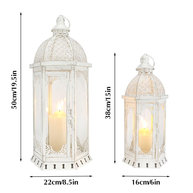 JHY DESIGN Set of 2 Decorative Candle Lanterns 22"&17" H Outdoor Vintage Metal Candle Holder for Garden Living Room Indoor Parties Weddings Patio Home Decor(White with Gold Brush) - Image 3