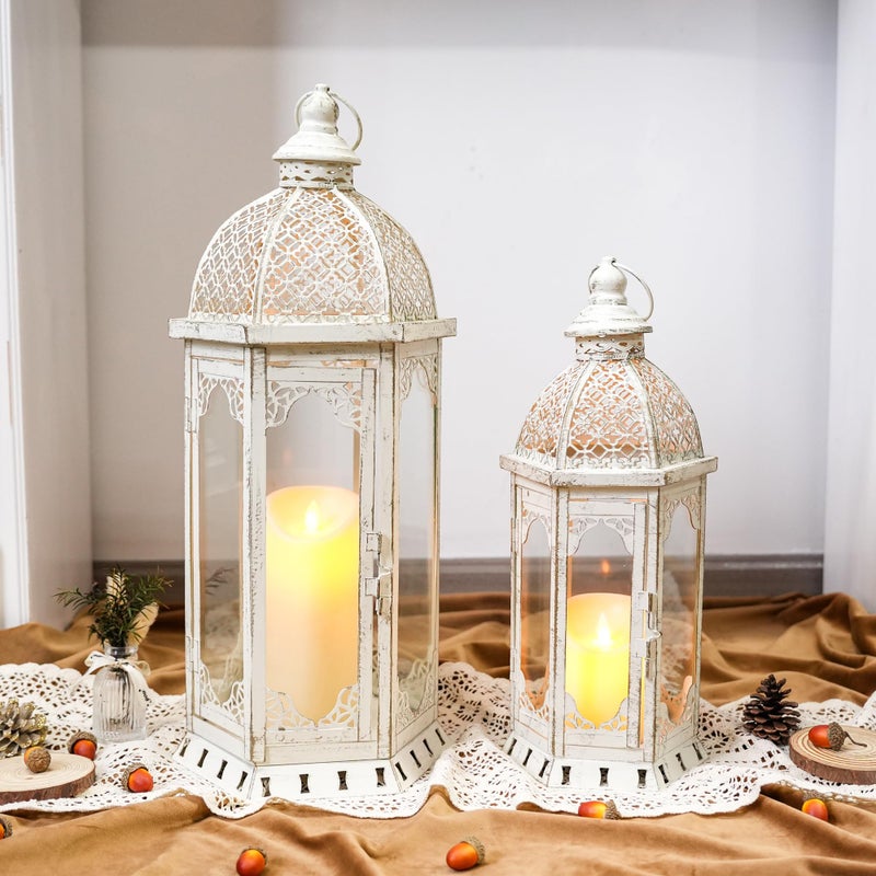 JHY DESIGN Set of 2 Decorative Candle Lanterns 22"&17" H Outdoor Vintage Metal Candle Holder for Garden Living Room Indoor Parties Weddings Patio Home Decor(White with Gold Brush) - Image 4
