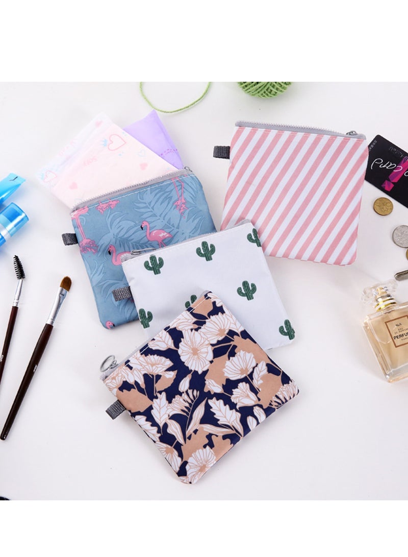 Menstrual Pad Bag, 4 Pcs Sanitary Napkin Bags with Zipper, Portable Tampon and Nursing Pad Holders, Cactus, Flamingo, Flower, Stripe Designs, 1 Pc Each - Image 3