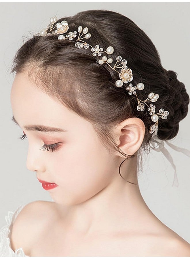 Denifery Princess Flower Crystal Headpiece Rhinestone Pearl Headband Floral Bridal Hair Accessories For Women Girls Toddler Wedding Party Photography - Image 2