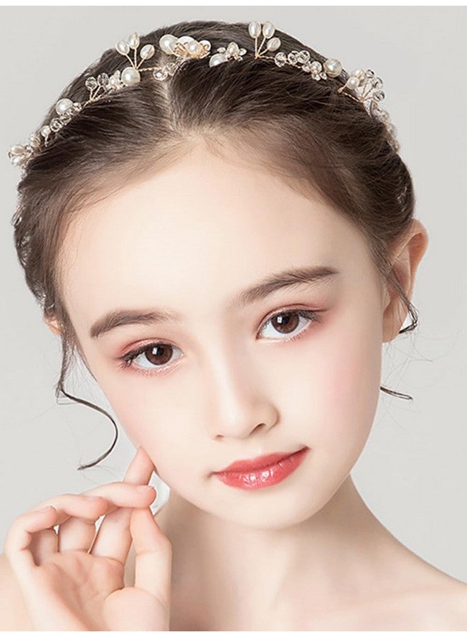 Denifery Princess Flower Crystal Headpiece Rhinestone Pearl Headband Floral Bridal Hair Accessories For Women Girls Toddler Wedding Party Photography - Image 1