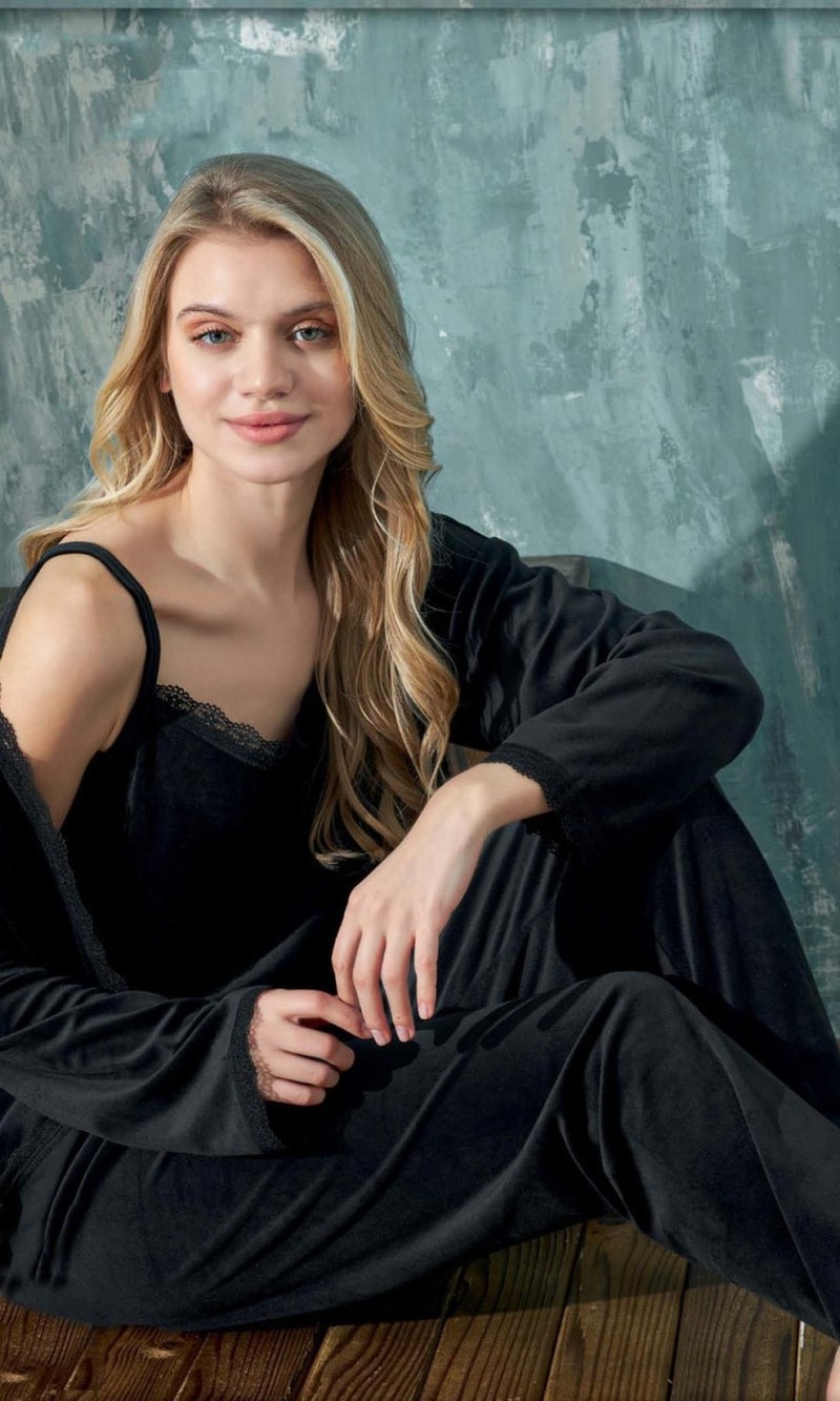 Cotonhause Women's 3 Piece Velvet Black Pajama Set C1T3N402-1 