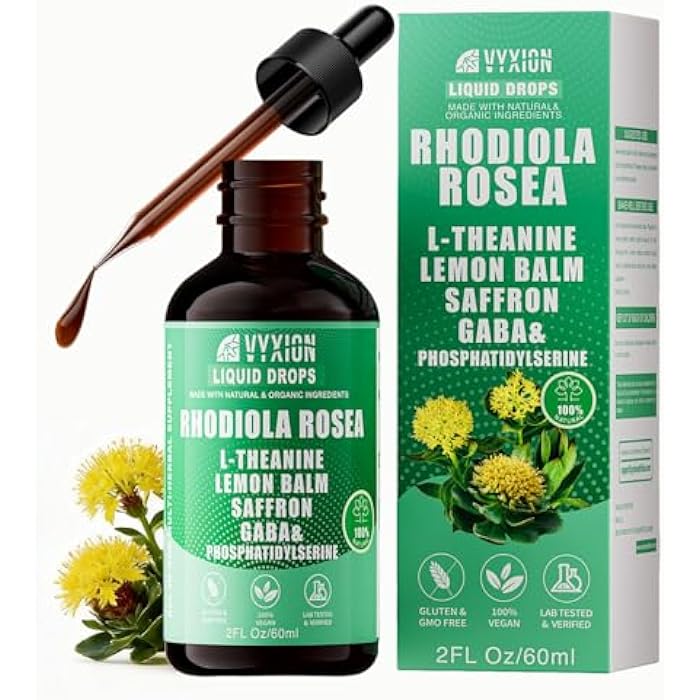 Vyxion Rhodiola Rosea Organic Extract Liquid 10-in-1 | Rhodiola, Saffron, GABA, L-Theanine | Supports Mood, Calm & Energy | 60ml, Vegan, Alcohol-Free - Image 1