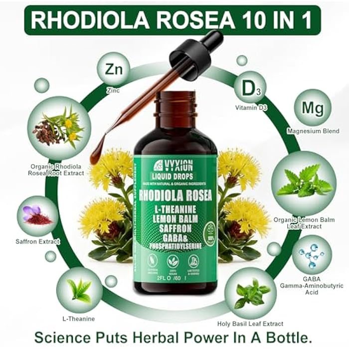 Vyxion Rhodiola Rosea Organic Extract Liquid 10-in-1 | Rhodiola, Saffron, GABA, L-Theanine | Supports Mood, Calm & Energy | 60ml, Vegan, Alcohol-Free - Image 2