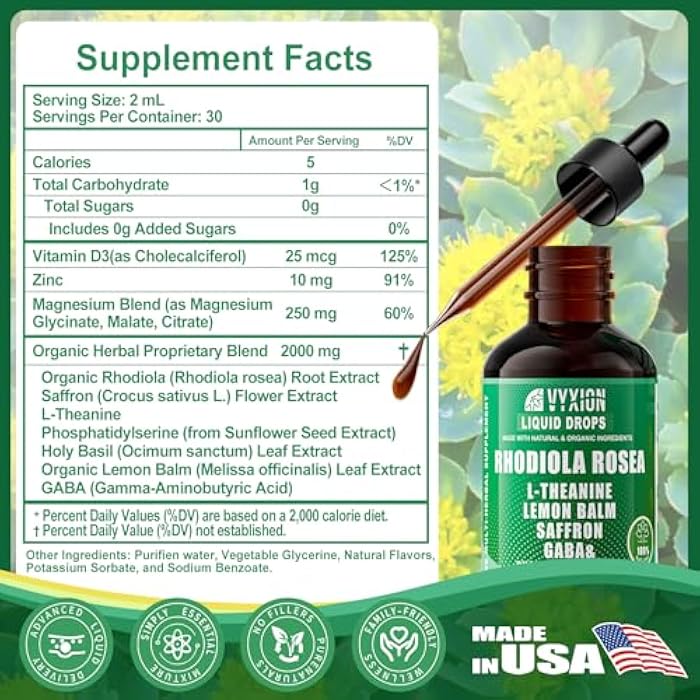 Vyxion Rhodiola Rosea Organic Extract Liquid 10-in-1 | Rhodiola, Saffron, GABA, L-Theanine | Supports Mood, Calm & Energy | 60ml, Vegan, Alcohol-Free - Image 4