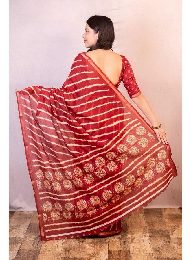 Women's Beautiful Zari Woven Pattu Border Laheriya Printed Soft Cotton Saree With Blouse (Maroon)  - Image 2
