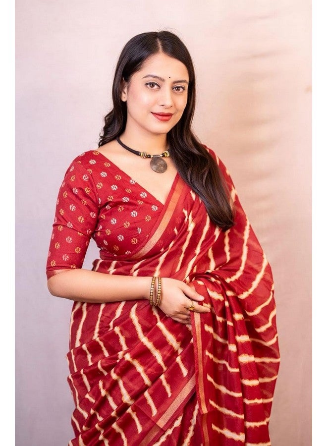 Women's Beautiful Zari Woven Pattu Border Laheriya Printed Soft Cotton Saree With Blouse (Maroon)  - Image 3