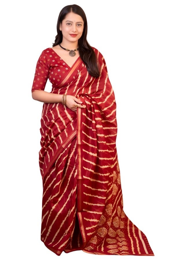 Women's Beautiful Zari Woven Pattu Border Laheriya Printed Soft Cotton Saree With Blouse (Maroon)  - Image 1