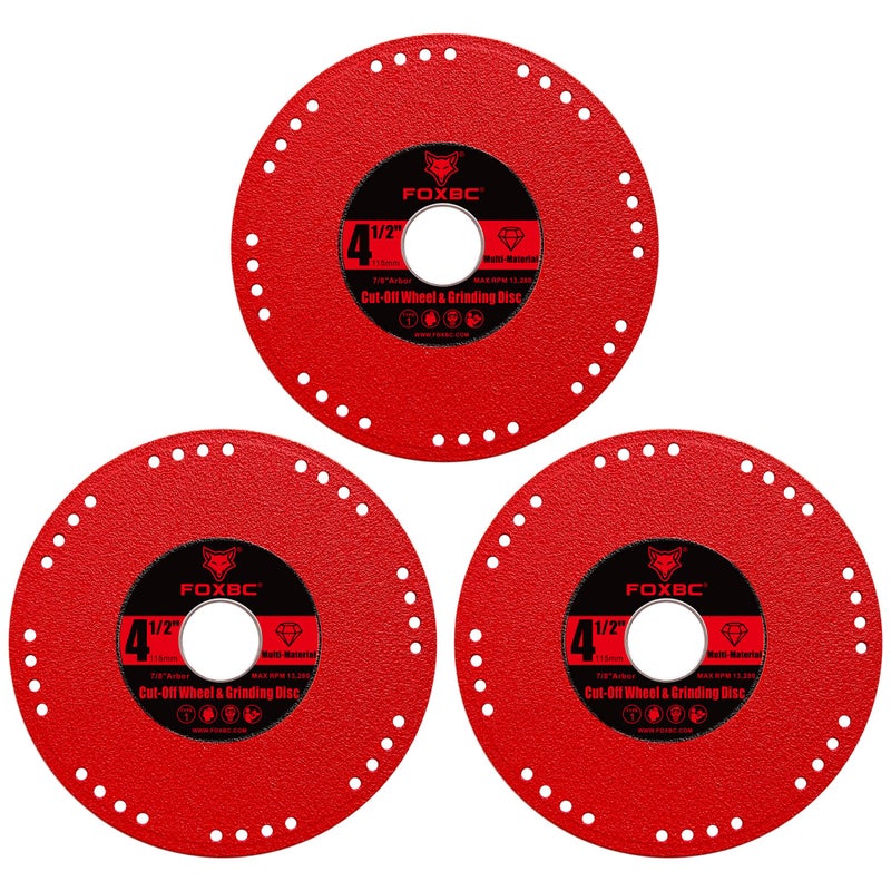 FOXBC 4-1/2 Inch Metal Diamond Saw Blades, Multi-Purpose Cut Off & Grinding Wheel for Angle Grinder, Heavy Duty Cuts on Rebar, Stainless Steel, Angle Iron, 7/8" Arbor - 3 Pack - Image 3