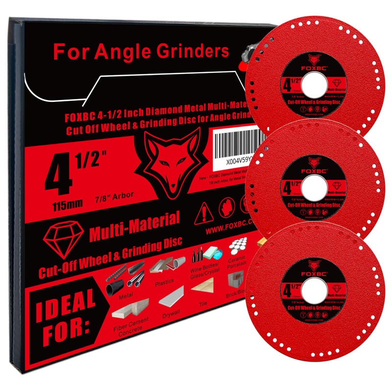 FOXBC 4-1/2 Inch Metal Diamond Saw Blades, Multi-Purpose Cut Off & Grinding Wheel for Angle Grinder, Heavy Duty Cuts on Rebar, Stainless Steel, Angle Iron, 7/8" Arbor - 3 Pack - Image 4