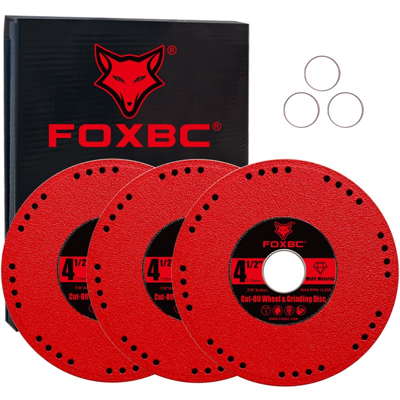 FOXBC 4-1/2 Inch Metal Diamond Saw Blades, Multi-Purpose Cut Off & Grinding Wheel for Angle Grinder, Heavy Duty Cuts on Rebar, Stainless Steel, Angle Iron, 7/8" Arbor - 3 Pack - Image 1