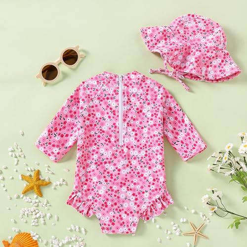 WOLBAY Baby Girl Swimsuit Long Sleeve One Piece Rash Guard with Sun Hat Zipper Bathing Suit Size 0-2T (US, Age, 3 Months, 6 Months, Pink) - Image 3