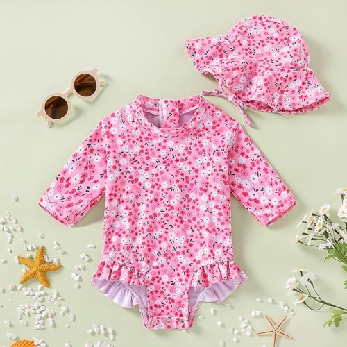 WOLBAY Baby Girl Swimsuit Long Sleeve One Piece Rash Guard with Sun Hat Zipper Bathing Suit Size 0-2T (US, Age, 3 Months, 6 Months, Pink) - Image 2