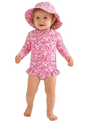 WOLBAY Baby Girl Swimsuit Long Sleeve One Piece Rash Guard with Sun Hat Zipper Bathing Suit Size 0-2T (US, Age, 3 Months, 6 Months, Pink) - Image 1