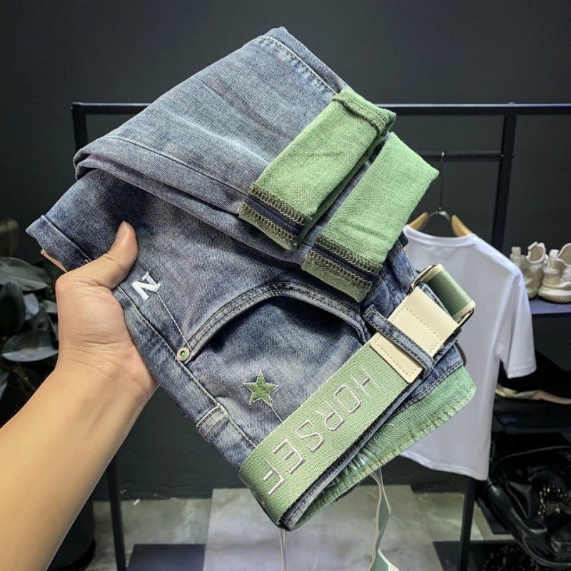 Cross-border Explosion Jeans Mens New Summer High-end Fashionable Brand Nine-point Slim-fit Small Foot Duffy Handsome Korean Fashionable Pants T100 Blue - Image 1