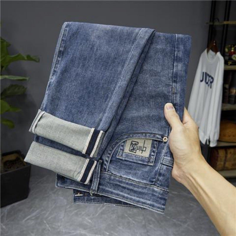Cross-border Explosion Jeans Mens New Summer High-end Fashionable Brand Nine-point Slim-fit Small Foot Duffy Handsome Korean Fashionable Pants T100 Blue - Image 2