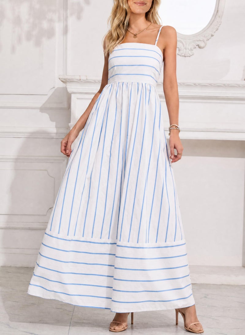 yoeasy Women's Striped Spaghetti Strap Cutout Maxi Dress Sleeveless Backless Flowy Swing Long Dress (Small, Blue White) - Image 2