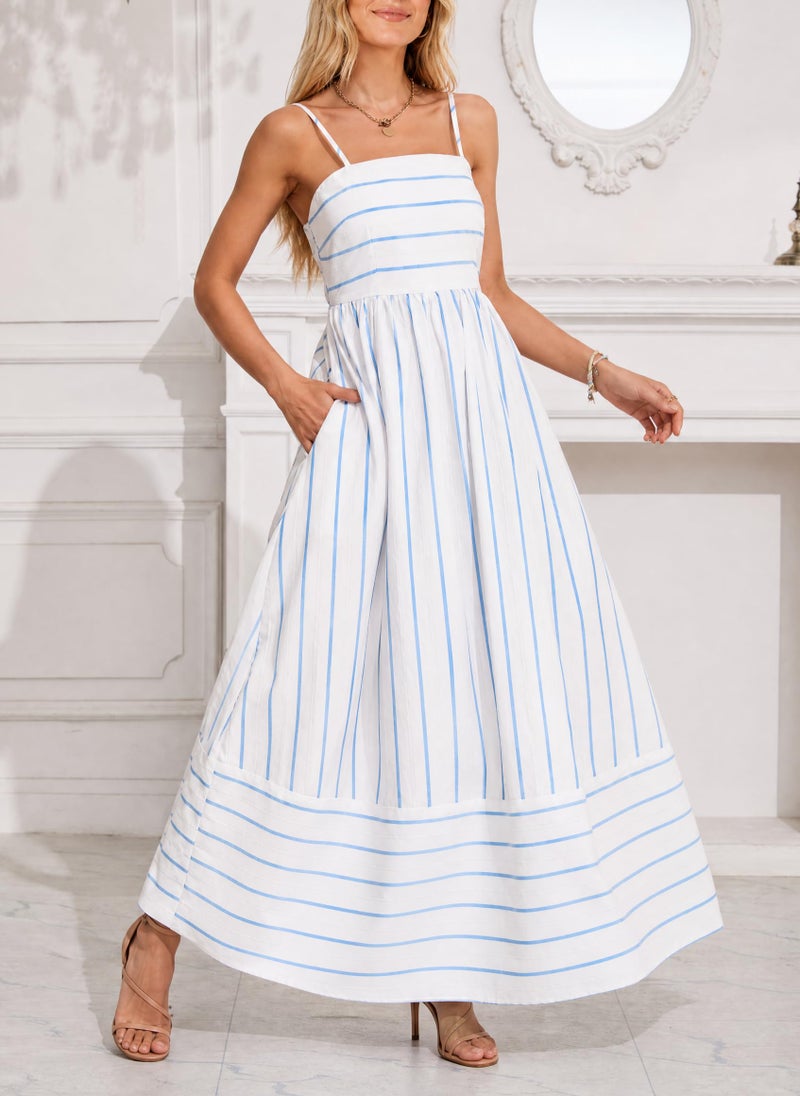 yoeasy Women's Striped Spaghetti Strap Cutout Maxi Dress Sleeveless Backless Flowy Swing Long Dress (Small, Blue White) - Image 4