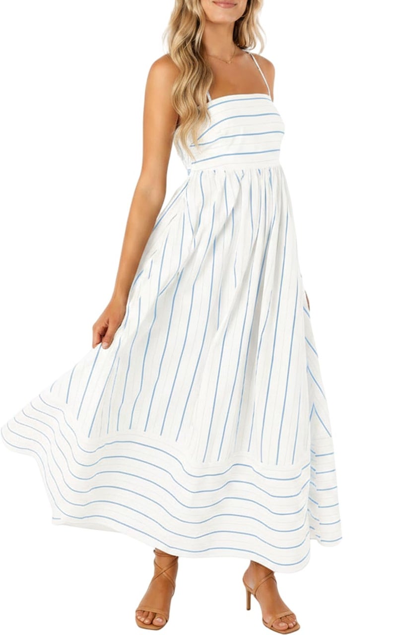 yoeasy Women's Striped Spaghetti Strap Cutout Maxi Dress Sleeveless Backless Flowy Swing Long Dress (Small, Blue White) - Image 1
