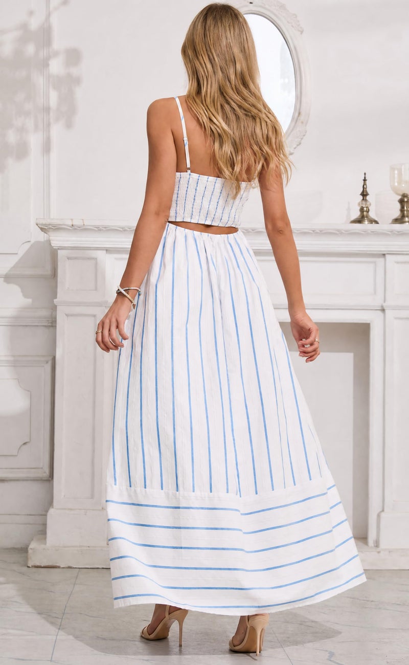 yoeasy Women's Striped Spaghetti Strap Cutout Maxi Dress Sleeveless Backless Flowy Swing Long Dress (Small, Blue White) - Image 3