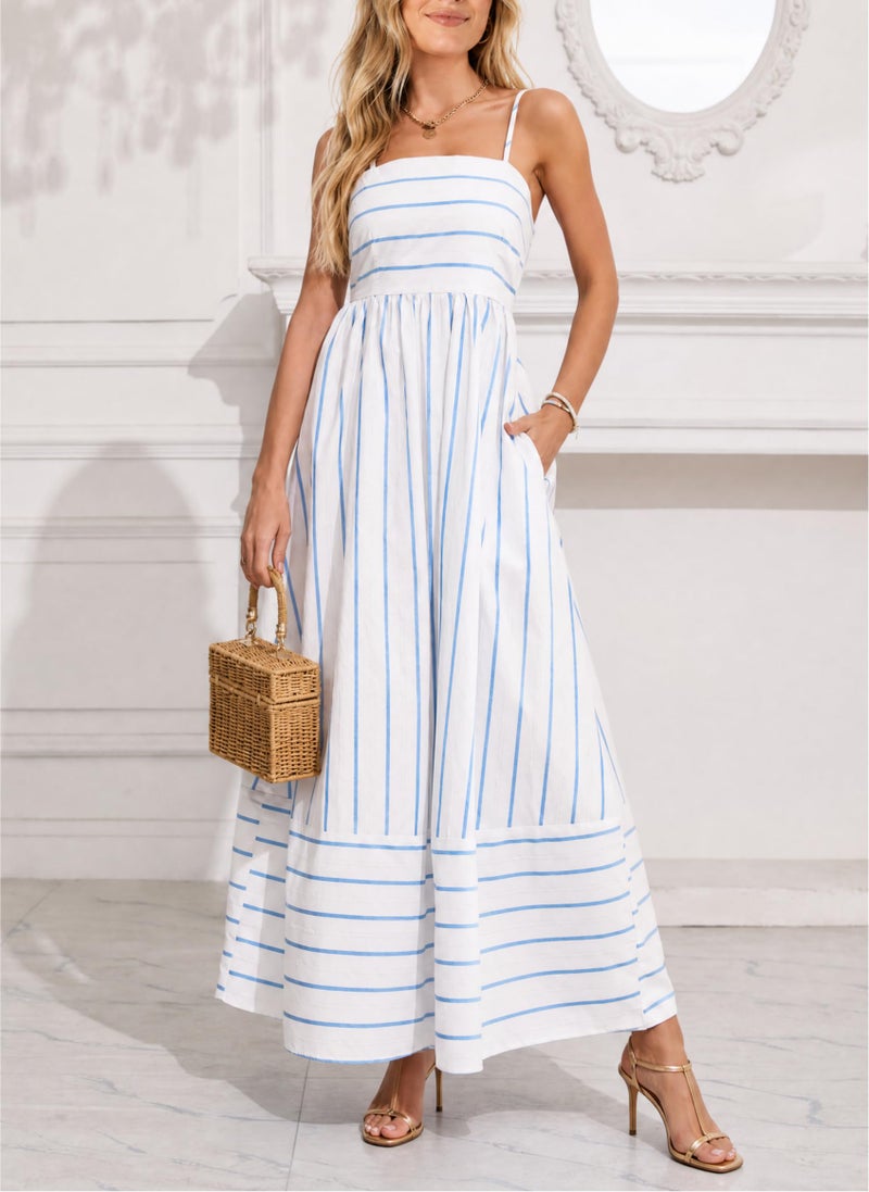 yoeasy Women's Striped Spaghetti Strap Cutout Maxi Dress Sleeveless Backless Flowy Swing Long Dress (Small, Blue White) - Image 5
