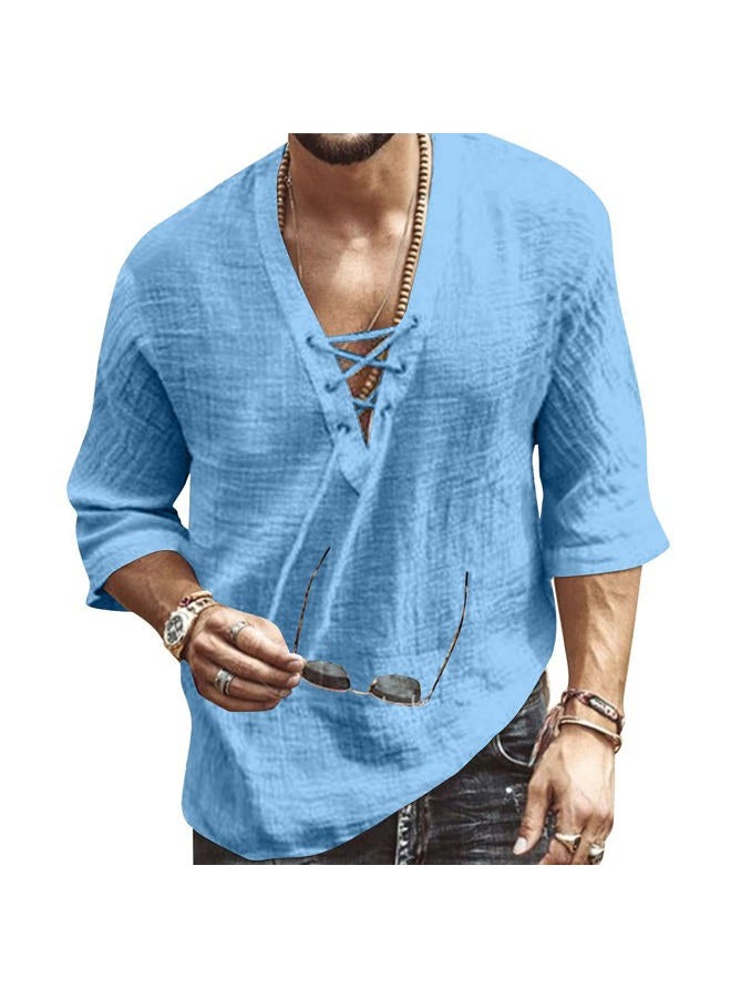 Rela Bota Men's Fashion Shirt Short Sleeve Beach V-Neck Drawstring Printing Yoga African Summer Top, Solid Light Blue, XXL - Image 1