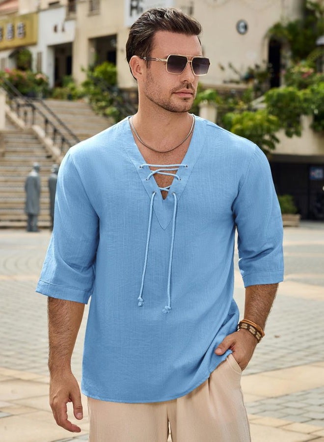 Rela Bota Men's Fashion Shirt Short Sleeve Beach V-Neck Drawstring Printing Yoga African Summer Top, Solid Light Blue, XXL - Image 3