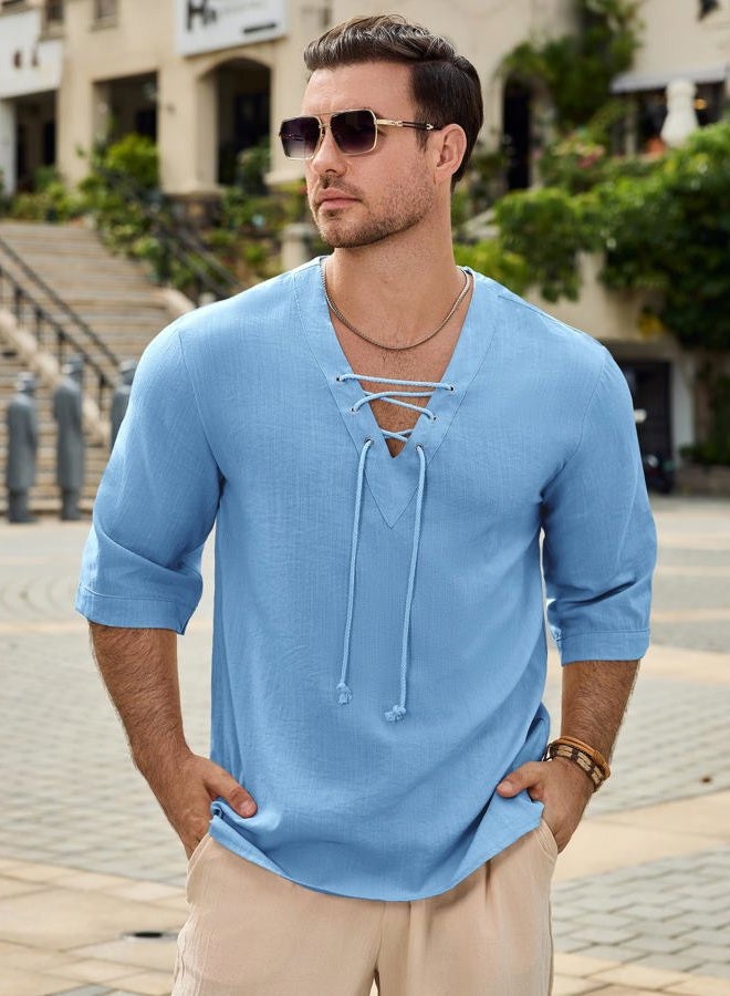 Rela Bota Men's Fashion Shirt Short Sleeve Beach V-Neck Drawstring Printing Yoga African Summer Top, Solid Light Blue, XXL - Image 2