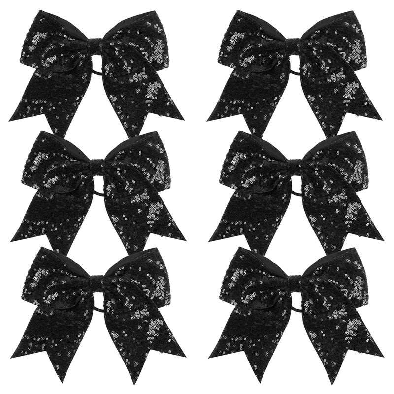 ICObuty Metallic Sequin and Holographic 8 Inch Cheer Bow for Cheerleaders Cheerleading Hair Tie Black Sequin 8 Count 6 Pcs
