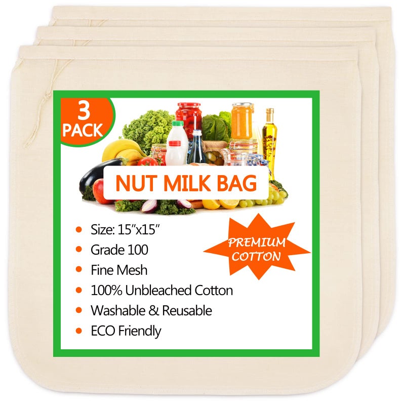 Huppar 3 Pack Nut Milk Bag 15x15 Cheesecloth bags for Straining Reusable 100 Unbleached Cotton Cloth AlmondOatSoy Milk Strainer Filter Bag for CheeseYogurtJuiceCold Brew Coffee WineSoup
