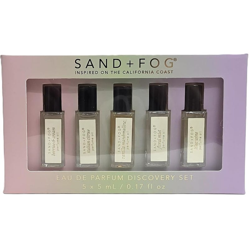 Sand + Fog Eau de Parfum Discovery Set, 5 Fragrances, Berries & Cream, Italian Citrus, Vanilla Marshmallow, Floral Mist, Lilac Wine, 5 x 5 mL - Image 1