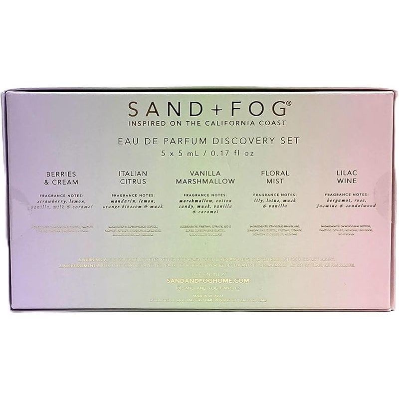Sand + Fog Eau de Parfum Discovery Set, 5 Fragrances, Berries & Cream, Italian Citrus, Vanilla Marshmallow, Floral Mist, Lilac Wine, 5 x 5 mL - Image 2