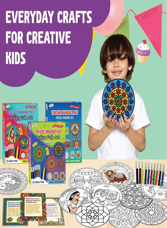 SparkLPlay 3-in-1 Indian Art Forms DIY Craft Kit for Kids | Mandala, Madhubani, Tibetan Mandala | Coloring Set with - 18 Magnetic Cutouts,3x10 Color Pens & 3 Booklets. - Image 3