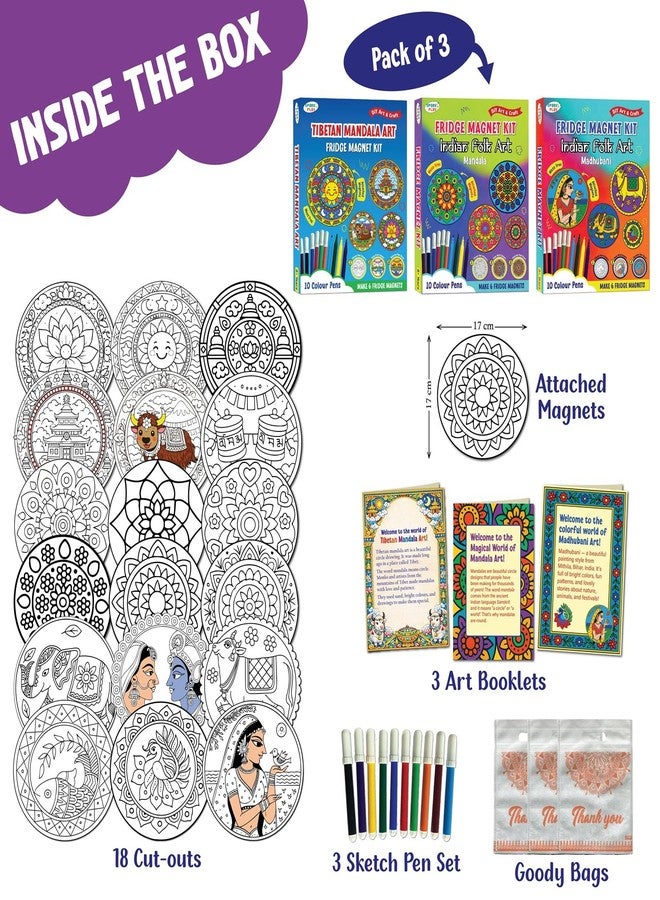 SparkLPlay 3-in-1 Indian Art Forms DIY Craft Kit for Kids | Mandala, Madhubani, Tibetan Mandala | Coloring Set with - 18 Magnetic Cutouts,3x10 Color Pens & 3 Booklets. - Image 2