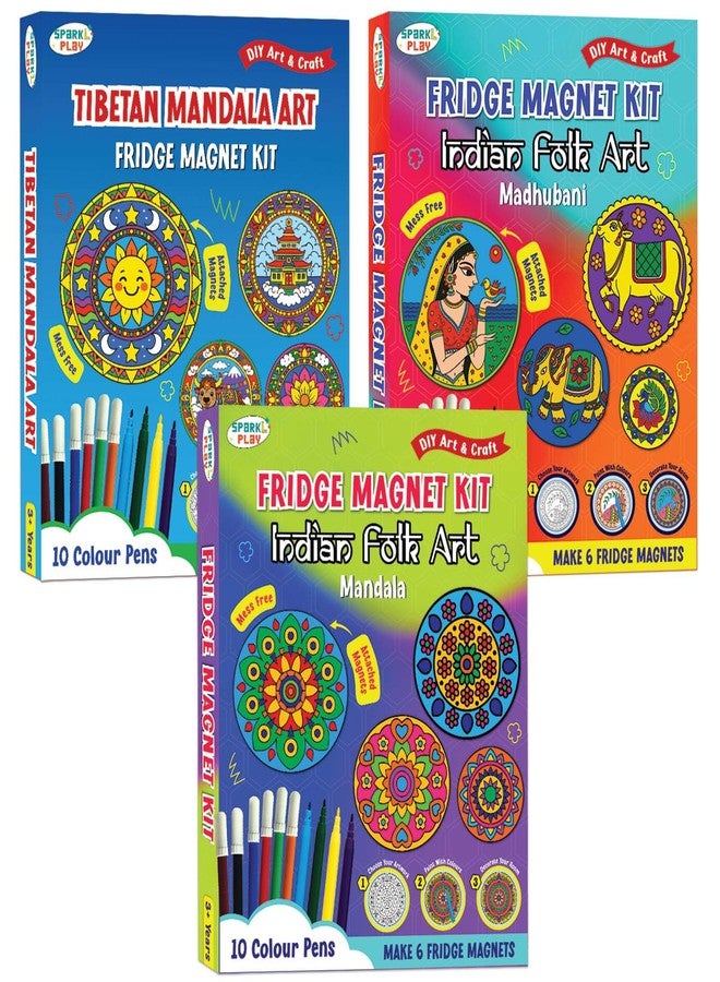 SparkLPlay 3-in-1 Indian Art Forms DIY Craft Kit for Kids | Mandala, Madhubani, Tibetan Mandala | Coloring Set with - 18 Magnetic Cutouts,3x10 Color Pens & 3 Booklets. - Image 1