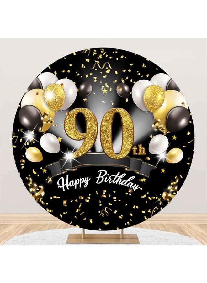 Leyiyi 7.2x7.2ft 90th Happy Birthday Round Backdrop Cover Polyester Black White Gold Balloons Glitter Photography Background for Men Women 90th Birthday Party Decorations Photo Booth Props - Image 1