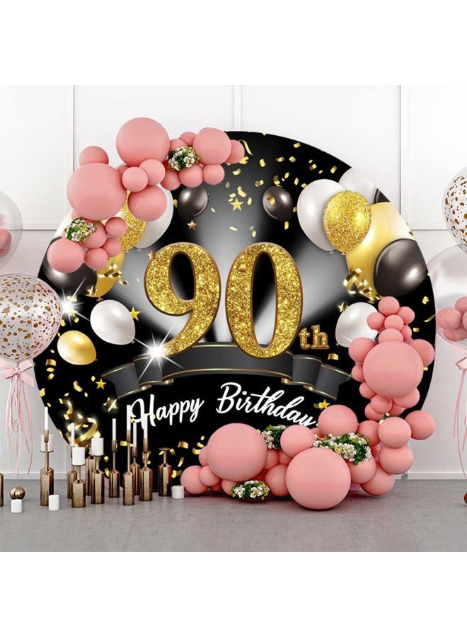 Leyiyi 7.2x7.2ft 90th Happy Birthday Round Backdrop Cover Polyester Black White Gold Balloons Glitter Photography Background for Men Women 90th Birthday Party Decorations Photo Booth Props - Image 2