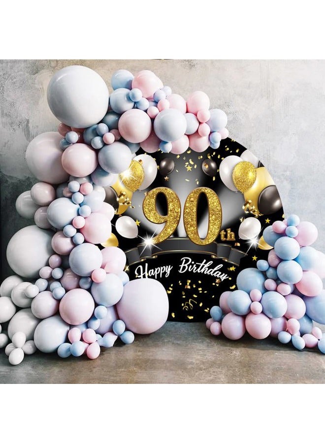 Leyiyi 7.2x7.2ft 90th Happy Birthday Round Backdrop Cover Polyester Black White Gold Balloons Glitter Photography Background for Men Women 90th Birthday Party Decorations Photo Booth Props - Image 3