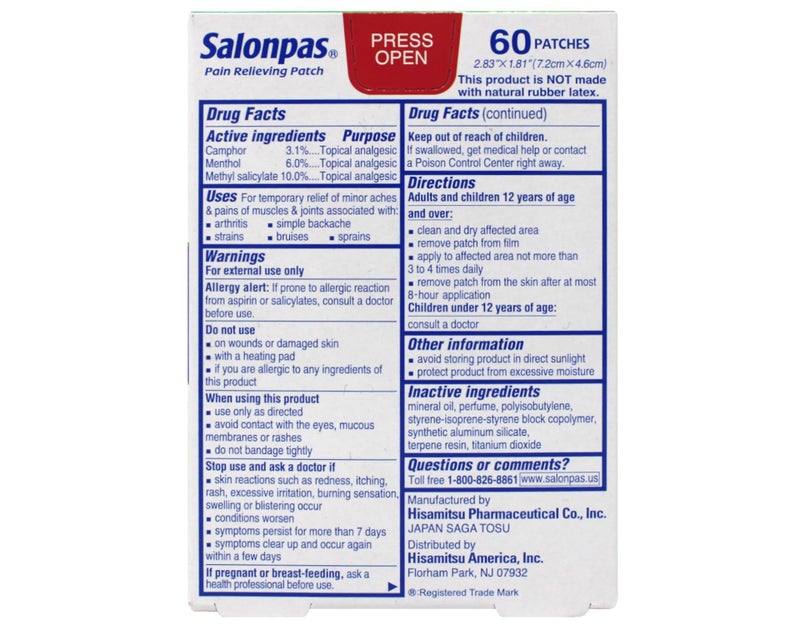 Salonpas Pain Relieving Patches 2.83" x 1.81" 60 Count, Pack 3 - Image 2