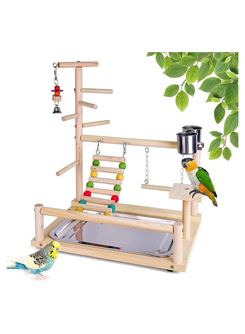 Parrot Wood Playstand Bird Playground Wood Perch Gym Playpen with Feeder Cup Ladder Swing Tray Play Stand Exercise Toys Cage Accessories Playgym for Pet Cockatiel Parakeets Budgie - Image 1