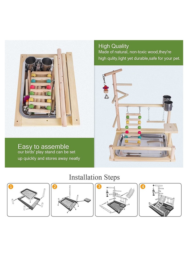 Parrot Wood Playstand Bird Playground Wood Perch Gym Playpen with Feeder Cup Ladder Swing Tray Play Stand Exercise Toys Cage Accessories Playgym for Pet Cockatiel Parakeets Budgie - Image 3