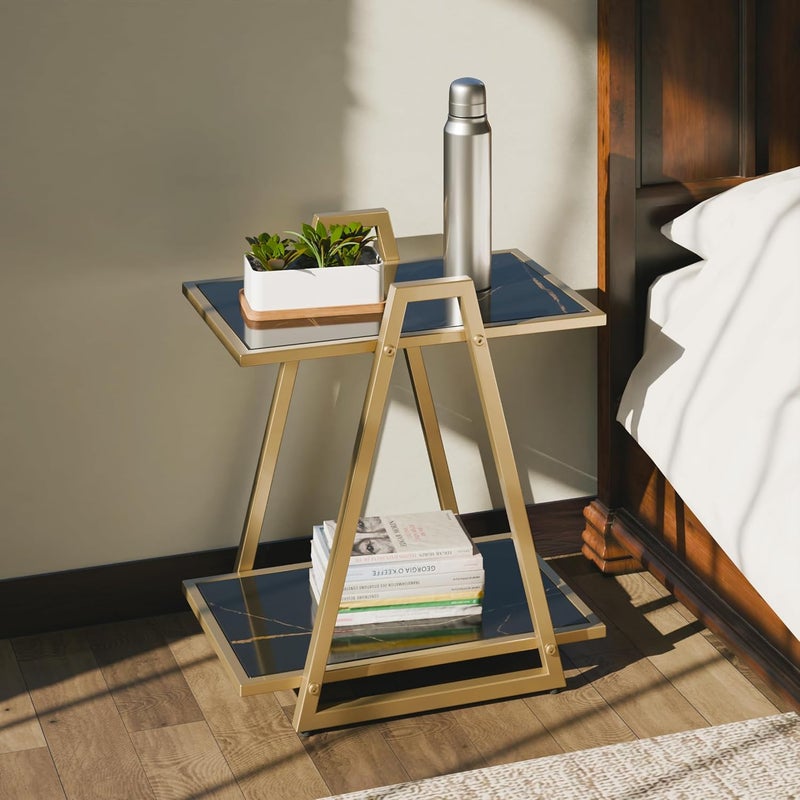 FORECRAFTS FORECRAFTS Marble Finish Two Teir Side Table for Living Room Premium Side Table Sofa Side Table 45x40x46 CM Engineered Wood Top with Mild Steel Base Black MarbleGold