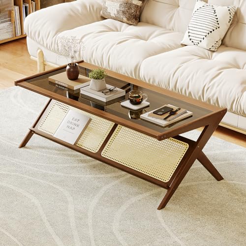 Bamworld MidCentury Modern Coffee Table with Glass Top Rattan Center Table with Storage for Living Room Table Brown