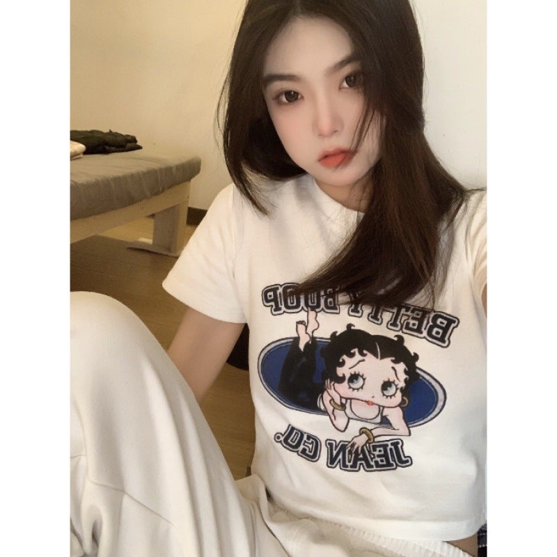 2024 Summer Affordable Refreshing Personality All-match Slim-fit Short T-shirt Womens Short-sleeved Navel-exposed Student White