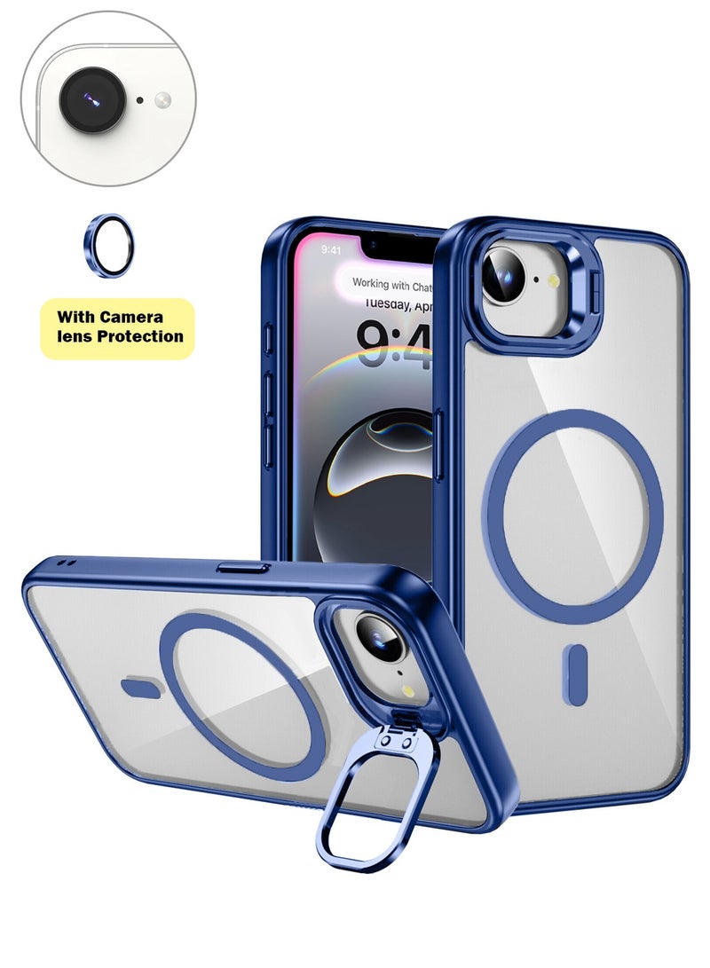 Wtech Apple iPhone 16e 5G 2025 Luxury Magsafe Transparent Kickstand Stand Case With Metal Ring Transparent Camera Protection Lens Phone Case Cover - Navy Blue - Image 1