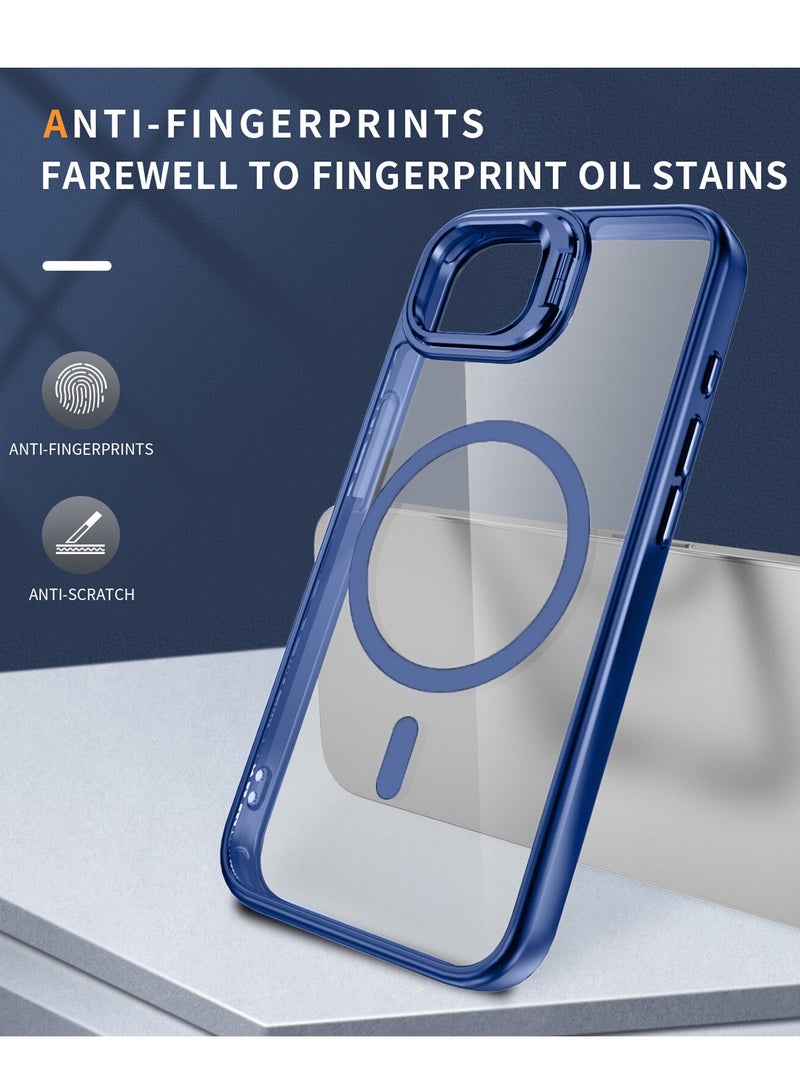 Wtech Apple iPhone 16e 5G 2025 Luxury Magsafe Transparent Kickstand Stand Case With Metal Ring Transparent Camera Protection Lens Phone Case Cover - Navy Blue - Image 4