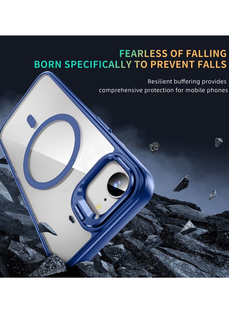 Wtech Apple iPhone 16e 5G 2025 Luxury Magsafe Transparent Kickstand Stand Case With Metal Ring Transparent Camera Protection Lens Phone Case Cover - Navy Blue - Image 3