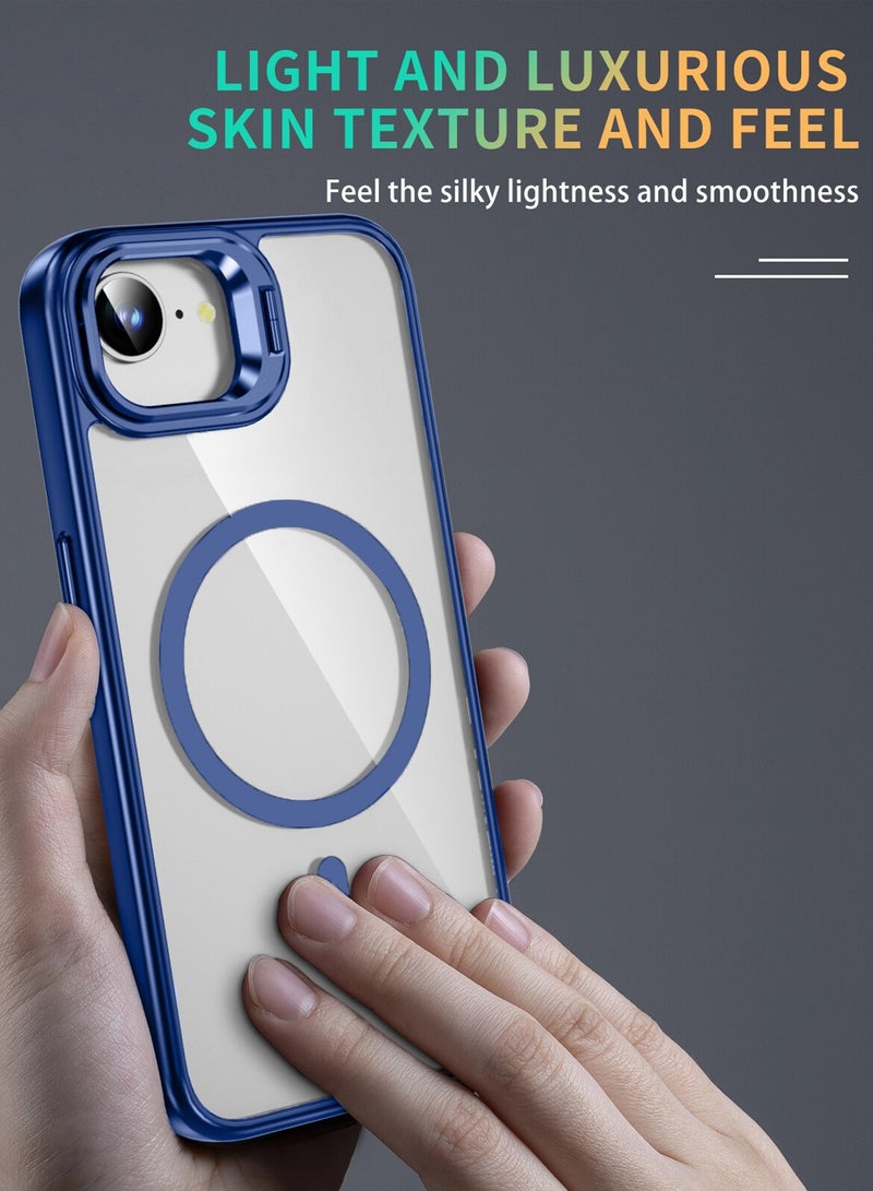 Wtech Apple iPhone 16e 5G 2025 Luxury Magsafe Transparent Kickstand Stand Case With Metal Ring Transparent Camera Protection Lens Phone Case Cover - Navy Blue - Image 5
